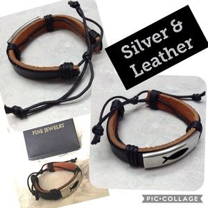 Leather and silver adjustable bracelet
